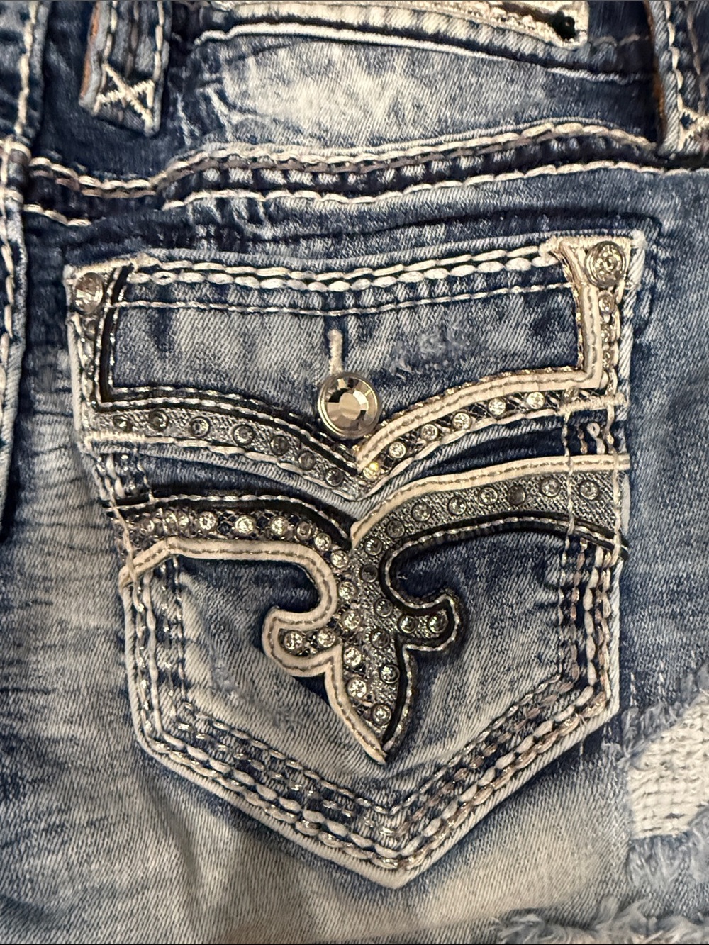 Rock Revival Blue Distressed Embroidered Denim Shorts - Picture 4 of 6